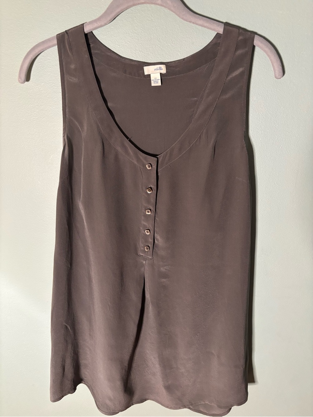 Anthropologie Odille 100% Silk Sleeveless Henley Blouse Tank Top Charcoal  12